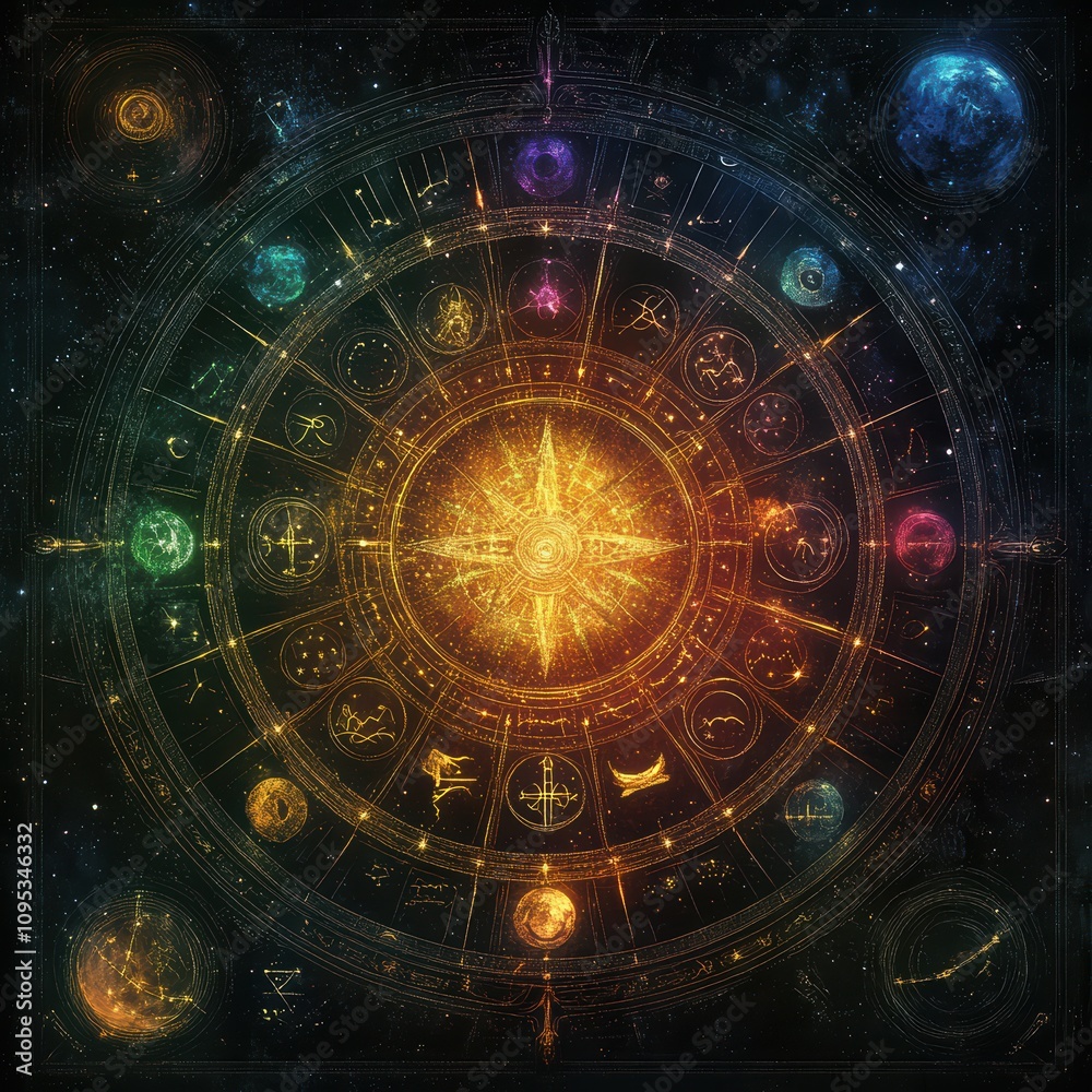 Fototapeta premium A celestial-themed journal open to a handwritten horoscope reading