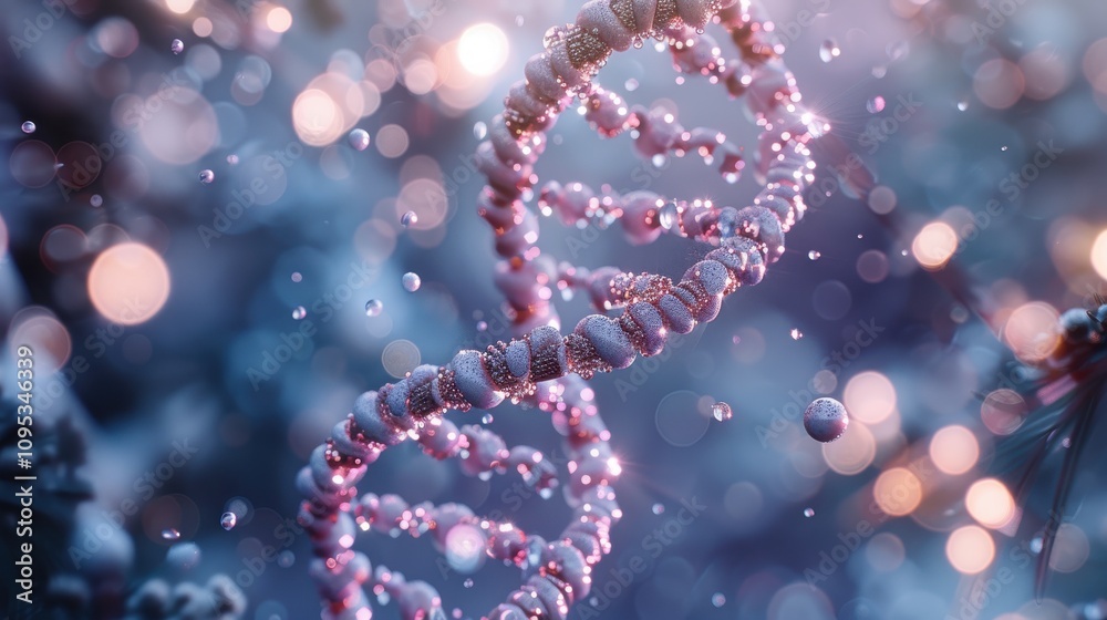 Elegant pink DNA double helix spiral surrounded by light bokeh and bubbles, creating a mesmerizing blue scene Elegant pink DNA double helix spiral surrounded by light bokeh and bubbles, creating a mesmerizing blue scene
