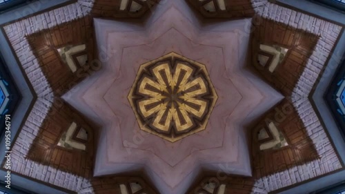 Symmetrical kaleidoscope pattern of city building interior with lights and wooden structures.