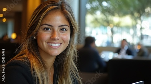 A woman with long, wavy hair smiles warmly while seated at a table in a contemporary cafe. The background features blurred patrons and large windows letting in sunlight