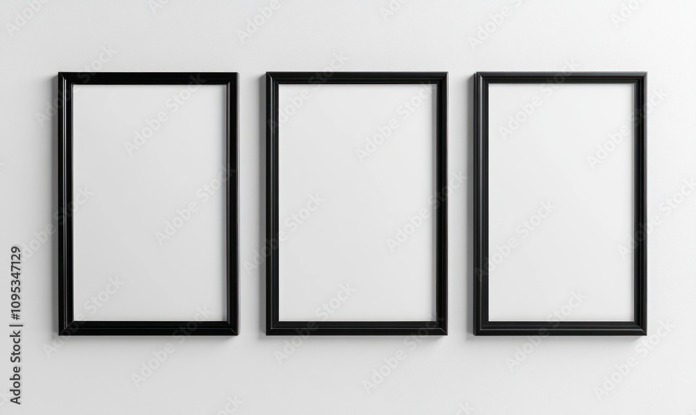 Three Blank Black Frames on a White Wall Three Blank Black Frames on a White Wall