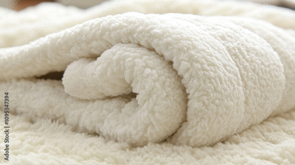 A plush white blanket is neatly rolled up on a cozy bed featuring soft textures. The inviting fabric promises warmth and comfort on chilly evenings A plush white blanket is neatly rolled up on a cozy bed featuring soft textures. The inviting fabric promises warmth and comfort on chilly evenings