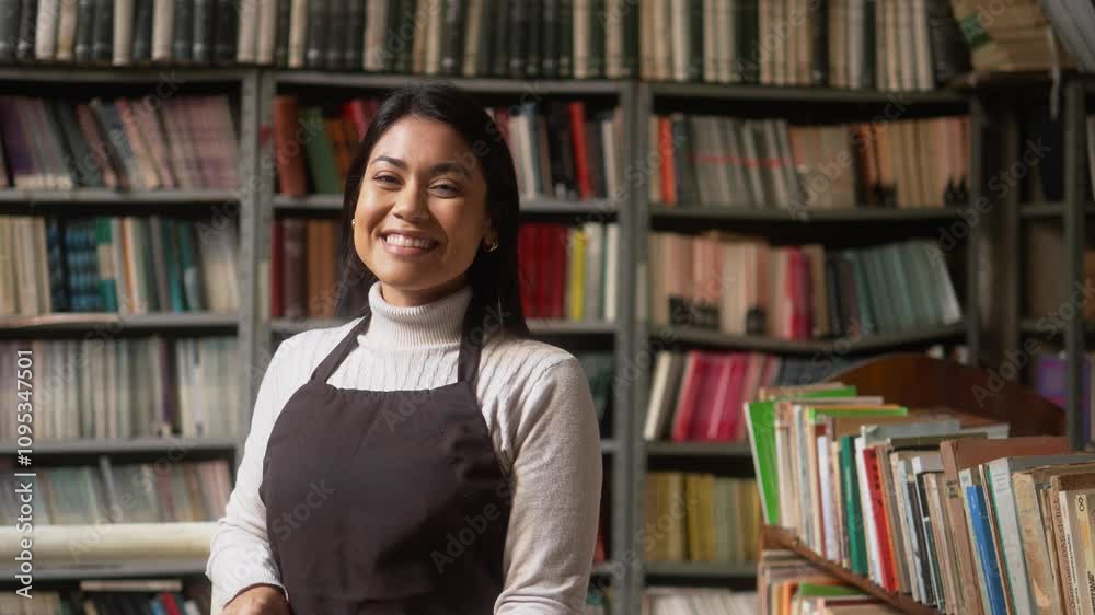 Cheerful employee in a bookstore standing confidently in front of a wall of books. Happy worker wearing an apron, enjoying her role in a used bookstore with shelves filled with various titles. Cheerful employee in a bookstore standing confidently in front of a wall of books. Happy worker wearing an apron, enjoying her role in a used bookstore with shelves filled with various titles.