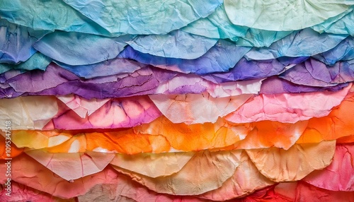 Layers of vibrant, hand-dyed tissue paper create a stunning rainbow effect.