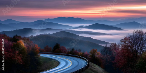 Blue Ridge Parkway in North Carolina with a damp road and early morning fog. high quality image