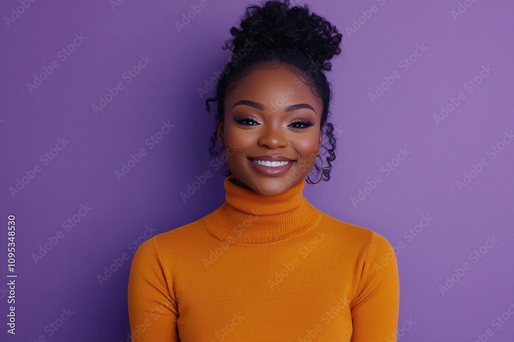 Confident woman smiling in a bright orange turtleneck against a purple background with a warm beam and curly hair Confident woman smiling in a bright orange turtleneck against a purple background with a warm beam and curly hair