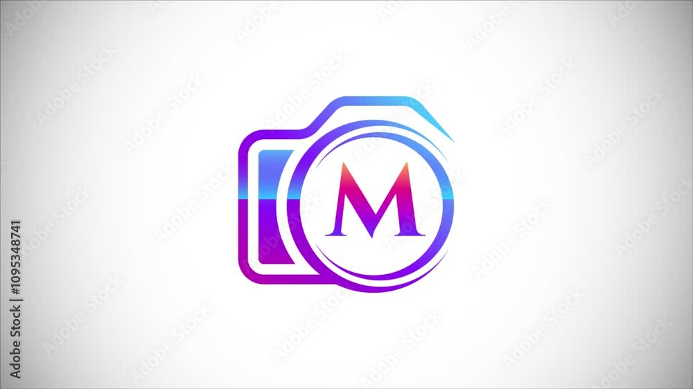 Initial alphabet M with a camera logo animation for photography business, and company identity