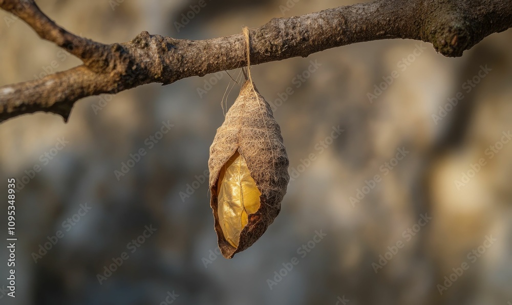 Golden butterfly chrysalis hangs from branch. Golden butterfly chrysalis hangs from branch.