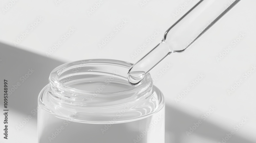 Close-up of a dropper bottle with a partially removed pipette, highlighting the clear liquid inside and the detailed design of the pipette, set against a clean white background for a professional Close-up of a dropper bottle with a partially removed pipette, highlighting the clear liquid inside and the detailed design of the pipette, set against a clean white background for a professional