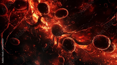 Abstract depiction of cellular structures in a fiery, organic environment.