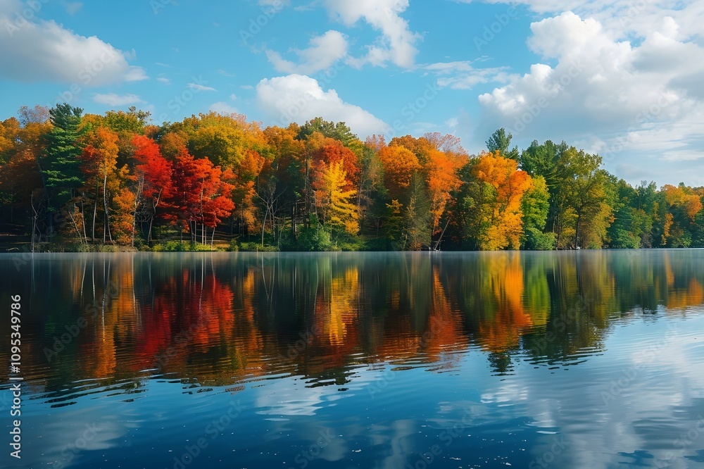 A serene lakeside scene in autumn, where the shoreline is adorned with trees displaying a spectrum of fall colors, their leaves gently falling onto the still water. A serene lakeside scene in autumn, where the shoreline is adorned with trees displaying a spectrum of fall colors, their leaves gently falling onto the still water.