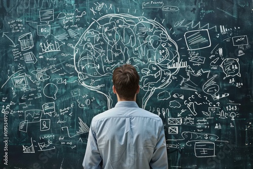 Businessman strategizing and planning new ideas looking at a chalkboard with a brain and business strategy drawn on it photo