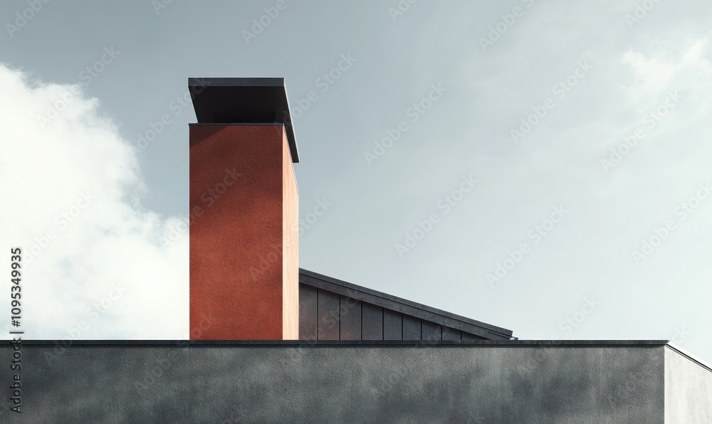 Modern architecture featuring a red chimney against a gray sky Modern architecture featuring a red chimney against a gray sky