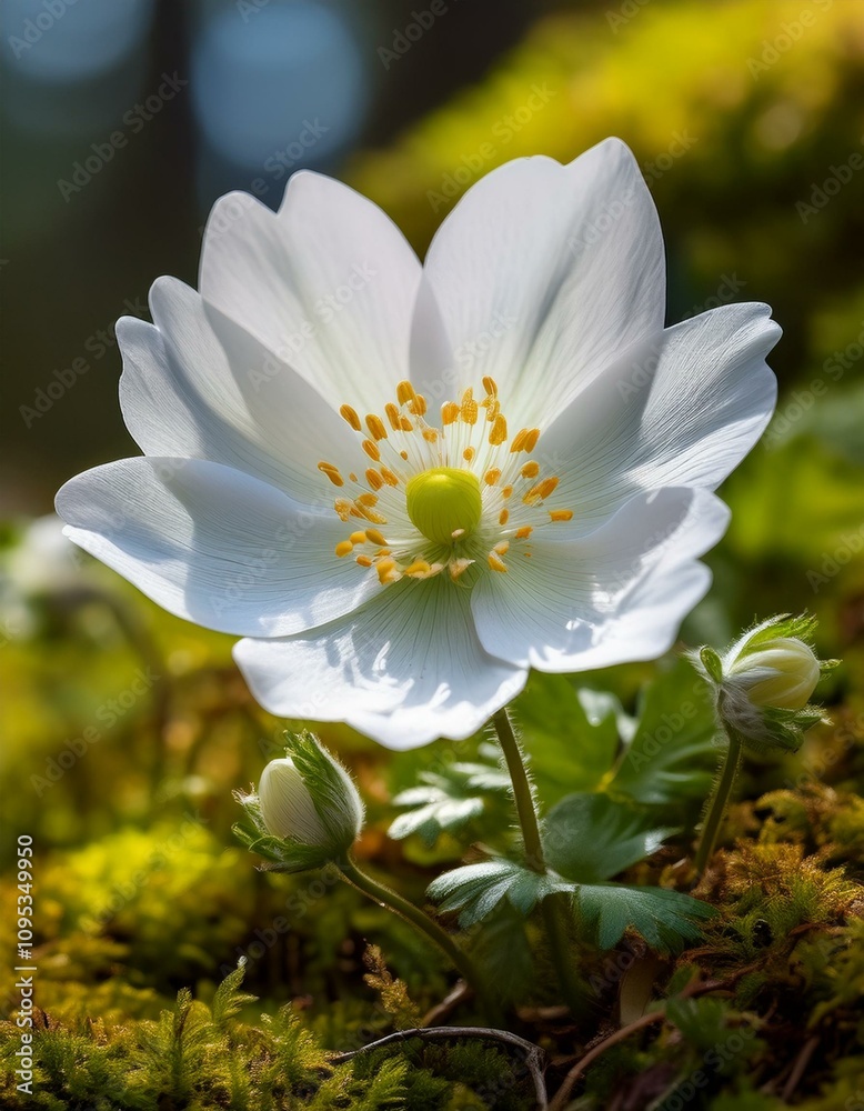 Delicate white flower blossoms in sunlight, surrounded by green moss. Delicate white flower blossoms in sunlight, surrounded by green moss.