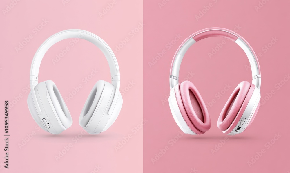 White and Pink Wireless Over Ear Headphones Displayed White and Pink Wireless Over Ear Headphones Displayed