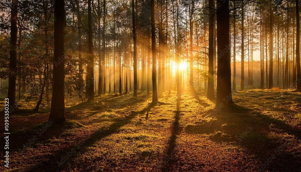 Obraz premium Golden sunrise rays illuminate a dense forest, creating a magical scene.