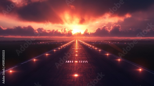 A runway in the early morning, with the first rays of sunlight blending with the runway lights.