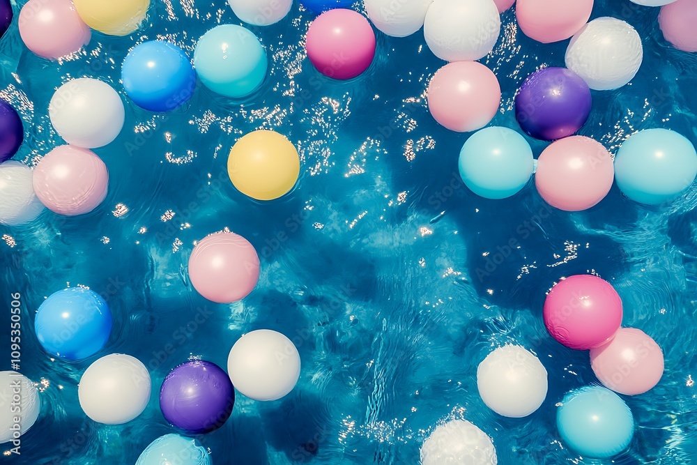 Multi-colored balls in the pool top view Multi-colored balls in the pool top view