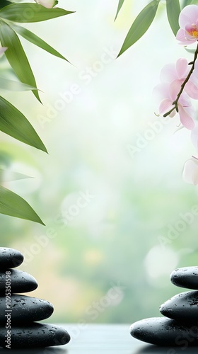 A serene spa background with bamboo, orchid flowers, and black rocks for relaxation
