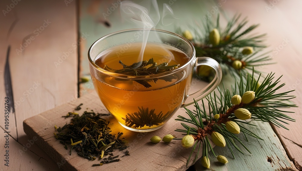 Pine buds herbal vitamin healthy tea in a glass cup with needles and buds nearby on rustic wood, closeup, copy space, herbal vitamin drinks, and naturopathy concept. Pine buds herbal vitamin healthy tea in a glass cup with needles and buds nearby on rustic wood, closeup, copy space, herbal vitamin drinks, and naturopathy concept.