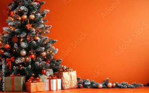 beautiful cozy christmas tree with gifts and decorated garland with lights and ornaments on orange christmas background 