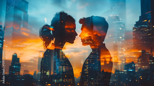 Double exposure of people standing with a city skyline backdrop, merging human silhouettes with skyscrapers, capturing the essence of urban life and connectivity.