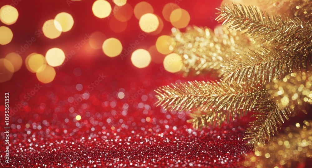 Red background, a golden Christmas tree on the right side of the red background, glitter and diamond dust in the foreground, Christmas lights in the background Generative AI Red background, a golden Christmas tree on the right side of the red background, glitter and diamond dust in the foreground, Christmas lights in the background Generative AI