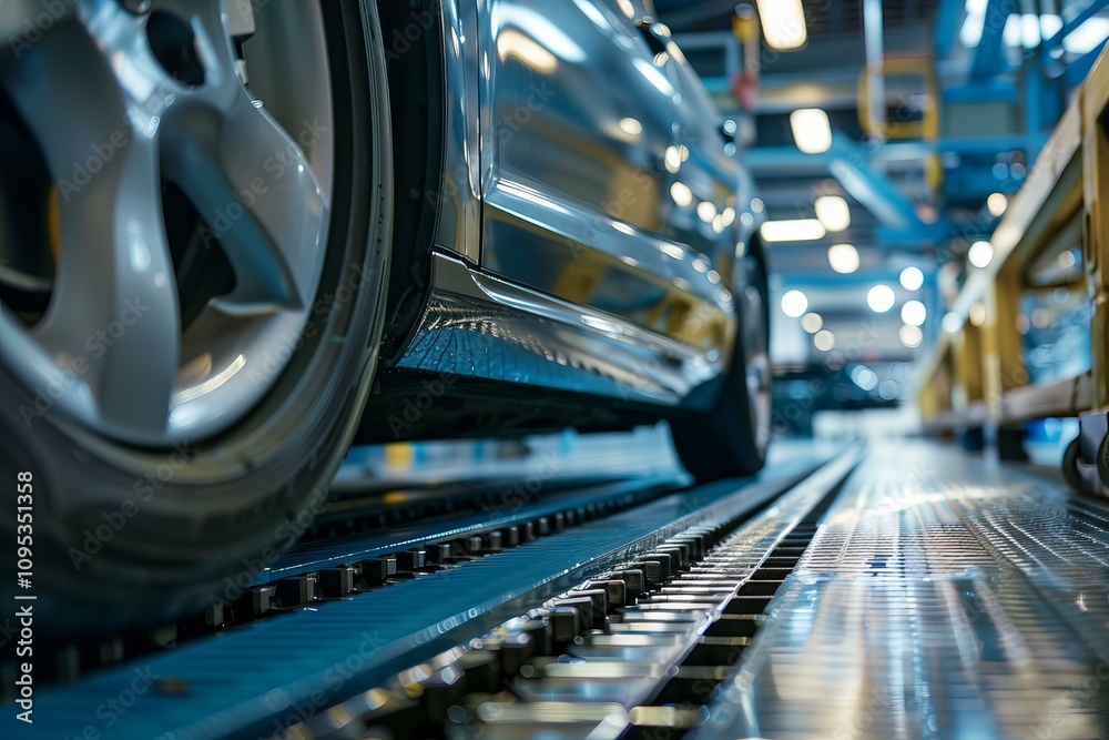 Fototapeta premium Modern car factory with automated assembly line manufacturing vehicles