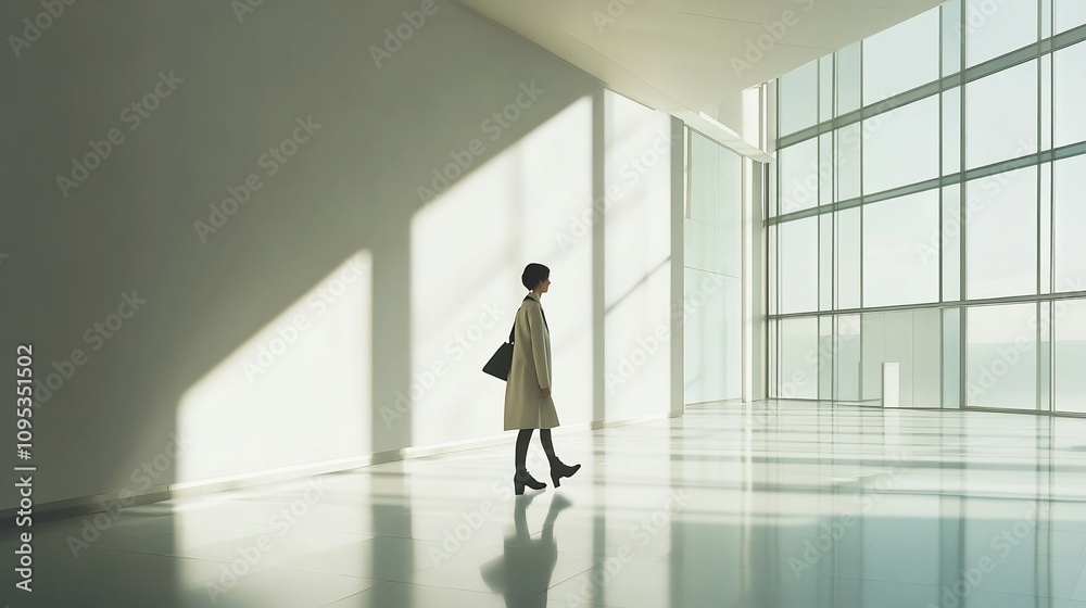 Woman walking in modern, sunlit building. Woman walking in modern, sunlit building.