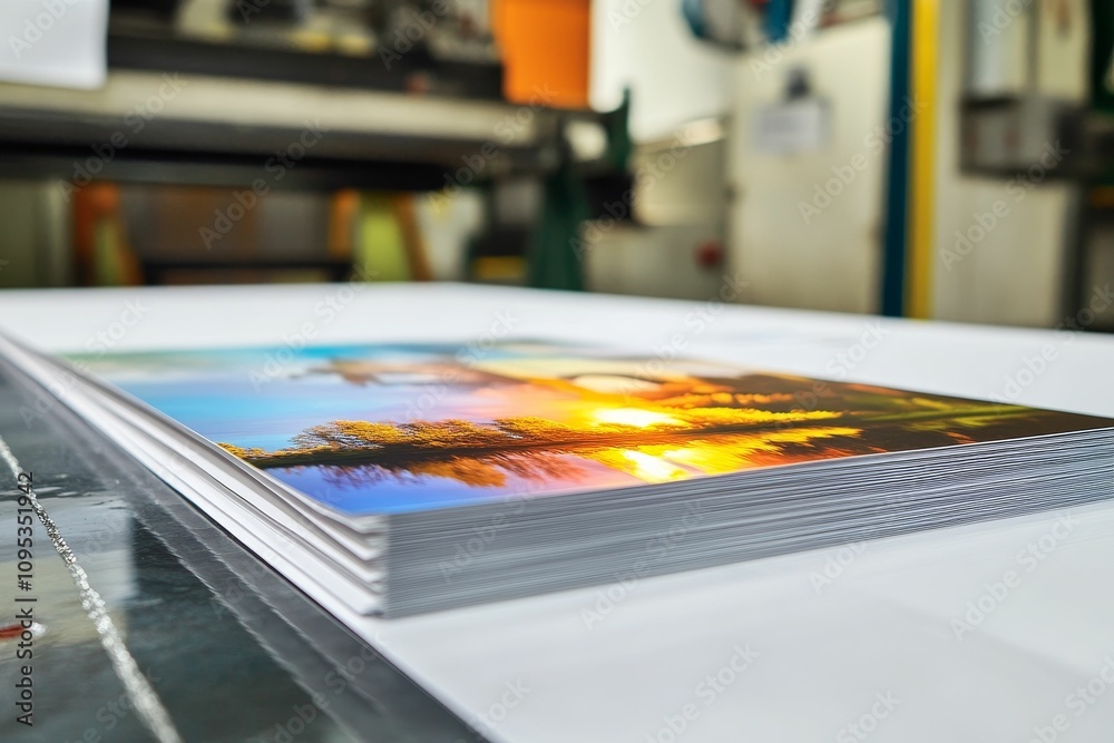 Stack of landscape prints, factory setting. Stack of landscape prints, factory setting.