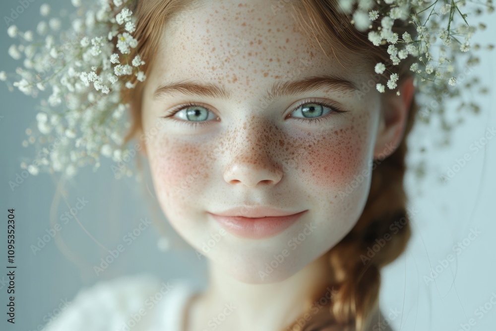 Delicate features and enchanting gaze of a young girl adorned with blossoms, captured in a serene setting that evokes tranquility and innocence during a soft light afternoon