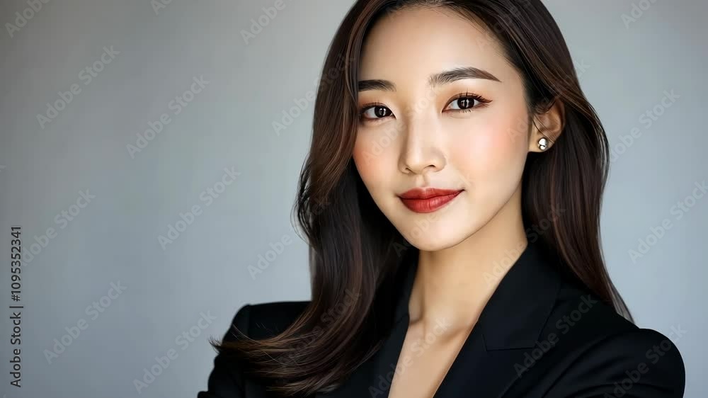 Portrait of a confident young woman in professional attire with a serene expression, captured in a studio setting with soft lighting Portrait of a confident young woman in professional attire with a serene expression, captured in a studio setting with soft lighting