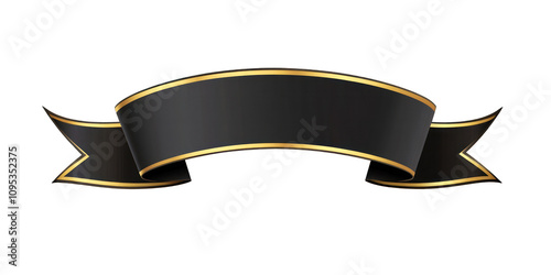 Elegant black ribbon banner with gold trim, isolated on black background.
