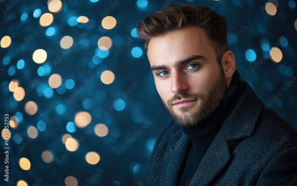 beautiful man on blue christmas background beautiful man on blue christmas background