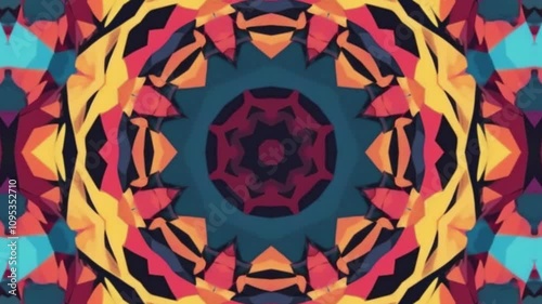 Vibrant symmetrical kaleidoscope pattern with teal, orange, and red hues creating a floral design.