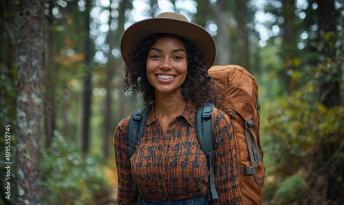 Joyful woman in a casual sweater and hat exploring autumn forest with a backpack