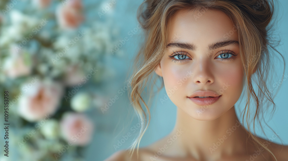 Beautiful woman with perfect makeup on floral background. Beauty and skin care concept Beautiful woman with perfect makeup on floral background. Beauty and skin care concept