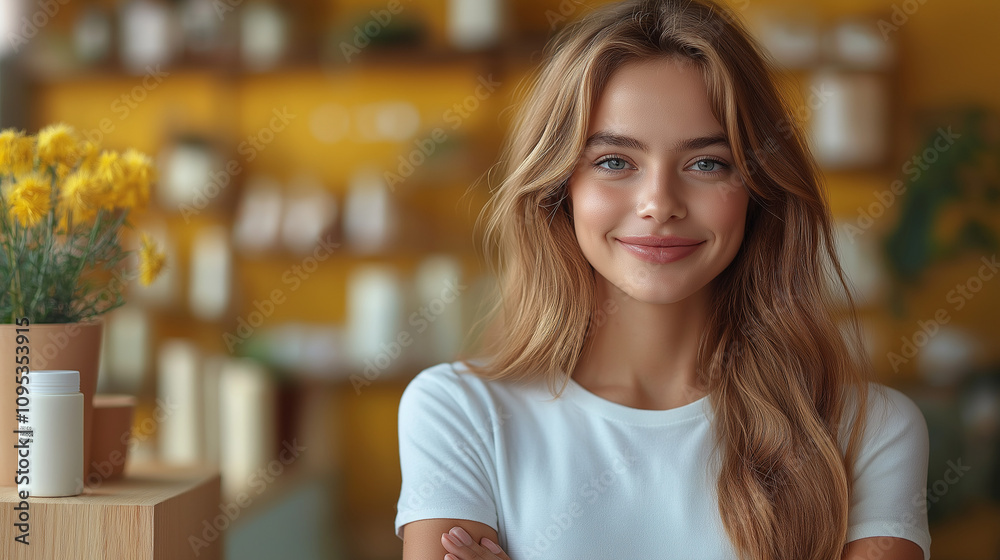 Beautiful young woman with bottles of cosmetic Beautiful young woman with bottles of cosmetic
