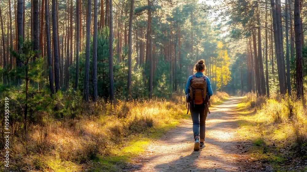 Obraz premium A person walking along a sunlit forest path, surrounded by trees and nature.