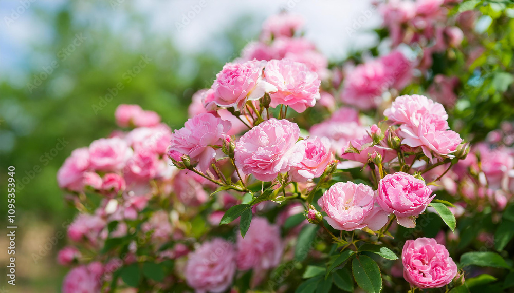 Beautiful bush of tea roses. Spring and summer flower. Rose garden. Nature and botany theme.