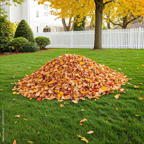 A clear crisp fall day in the fenced in back yard with a big pile of leaves ready to jump in photo