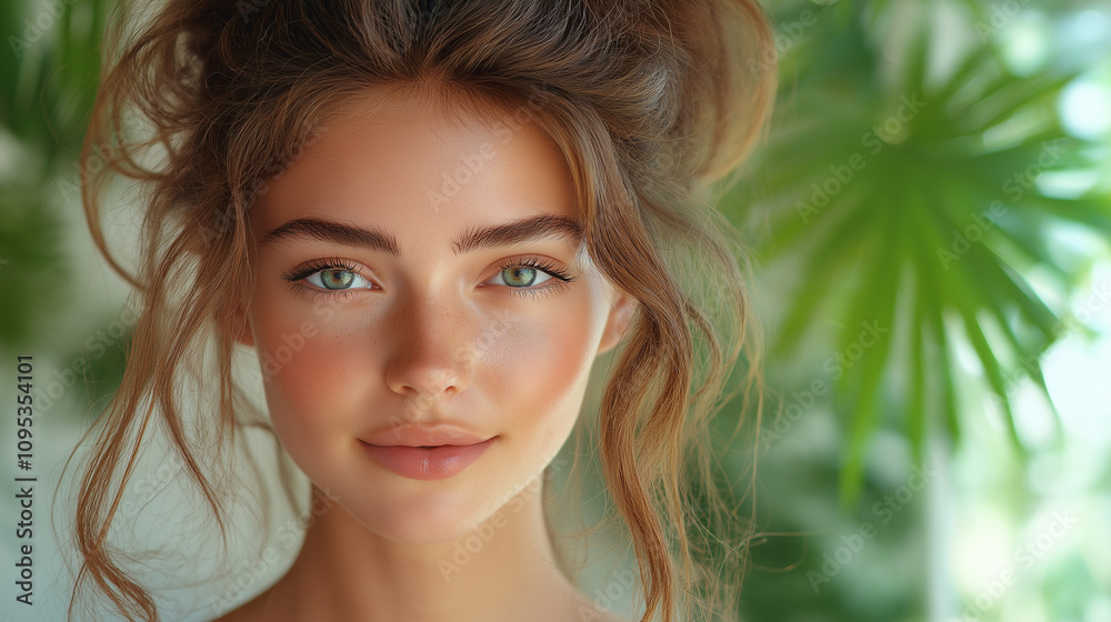 Young beautiful woman with healthy skin of face and palm leaves. Closeup fresh face of an attractive caucasian girl with green plants. Model with bright brown eye makeup. Skin care concept. Young beautiful woman with healthy skin of face and palm leaves. Closeup fresh face of an attractive caucasian girl with green plants. Model with bright brown eye makeup. Skin care concept.