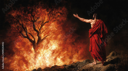 An illustration of Moses looking at the burning bush․ photo