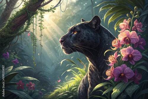 panther surrounded by flowers and orchids, generative ai, ai generated