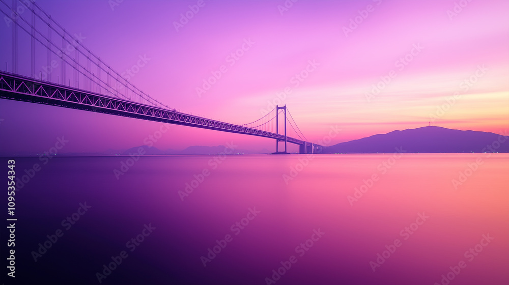 Fototapeta premium Suspension Bridge Spanning Calm Waters During Vibrant Twilight Sky.