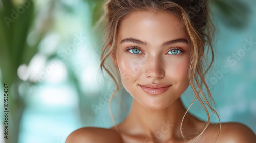 closeup portrait of young happy woman looking in camera