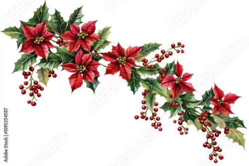 Festive Watercolor Poinsettia Holly Berry Garland