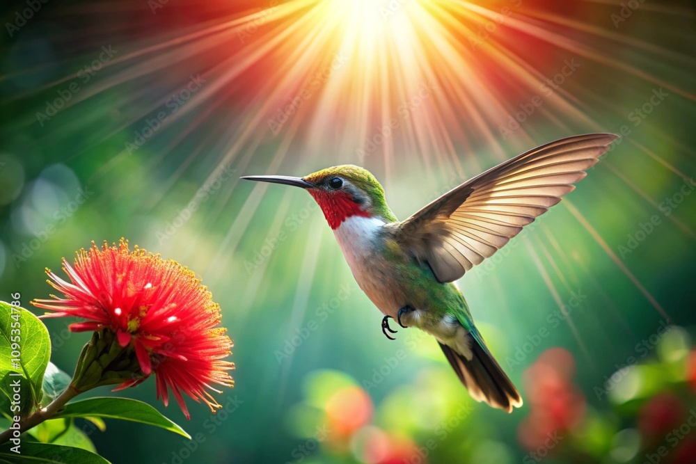 Naklejka premium tiny hummingbird hovers in mid air, generative ai, ai generated