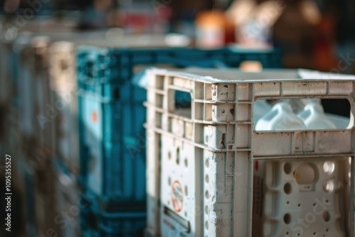 Row of plastic crates stacked with milk bottles.