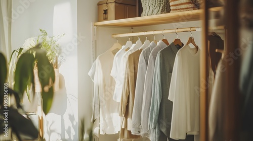  freshly ironed clothes hanging  in minimal closet 